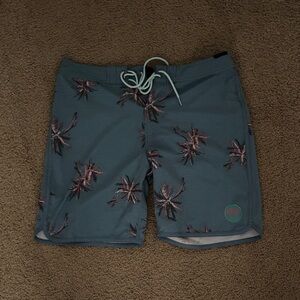 Rip Curl Teal Swim Board Shorts with Pink Palm Print